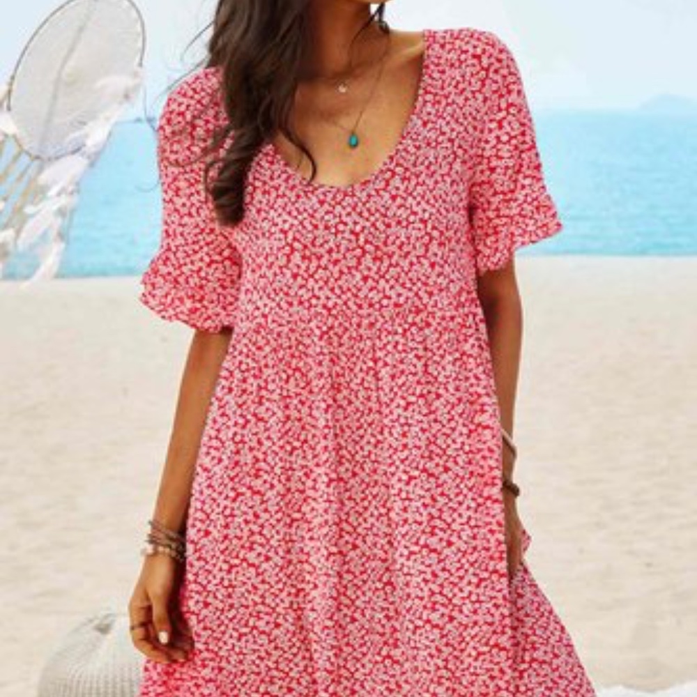 NWT Noracora Red Floral Printed Short Sleeve Vintage Boho Dress Size Large